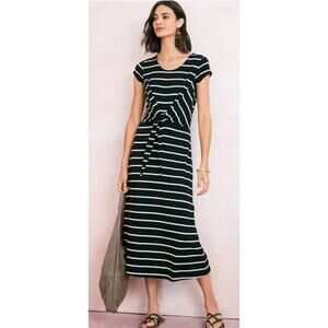 Garnet Hill Tie Waist Midi Dress Sz L Black & White Striped Jersey Knit Tradwife